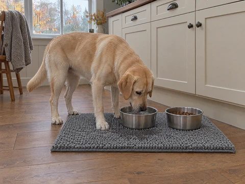 A yellow lab drinks from a steel water bowl beside a second bowl of food, both set on a grey Muddy Mat in a kitchen on a rainy fall day, the floor around the mat dry