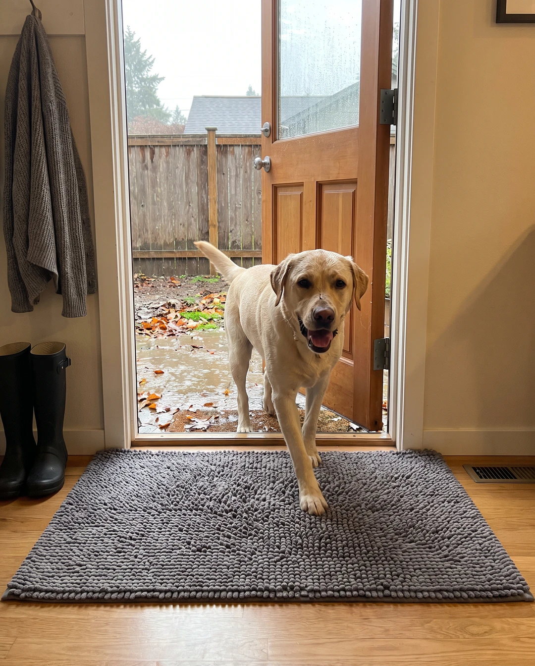 A happy yellow lab walks in from a rainy fall yard through the back door onto a large grey Muddy Mat, the floor beyond the mat clean and dry