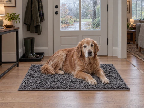 An older golden retriever rests on a grey Muddy Mat inside the front door of a cozy home, rain on the door glass