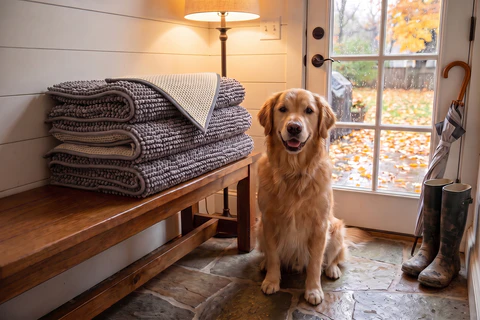 Three folded grey Muddy Mats stacked on a mudroom bench beside a happy golden retriever, rain boots by the back door