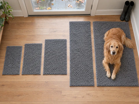 Five grey Muddy Mats from Small to XL laid side by side on a wood floor at the back door, a golden retriever lying on the XL