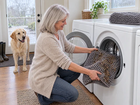 A woman with silver hair loads a muddy grey Muddy Mat into a front loading washer while a yellow lab watches from the doorway
