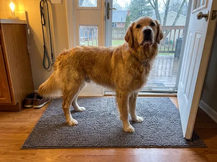 A big golden retriever stands with all four paws on a large grey Muddy Mat at a back door, a rainy deck beyond the glass and the wood floor around the mat clean