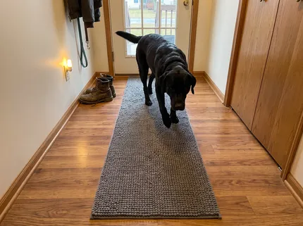 A black Labrador walks in along a long grey Muddy Mat runner laid lengthwise in a back hall, the wood floor beside the runner clean