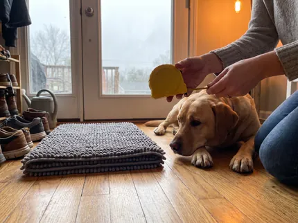 A woman kneeling at a bare spot of wood floor inside a back door holds a closed tape measure, a folded grey Muddy Mat beside her and a yellow Labrador lying nearby