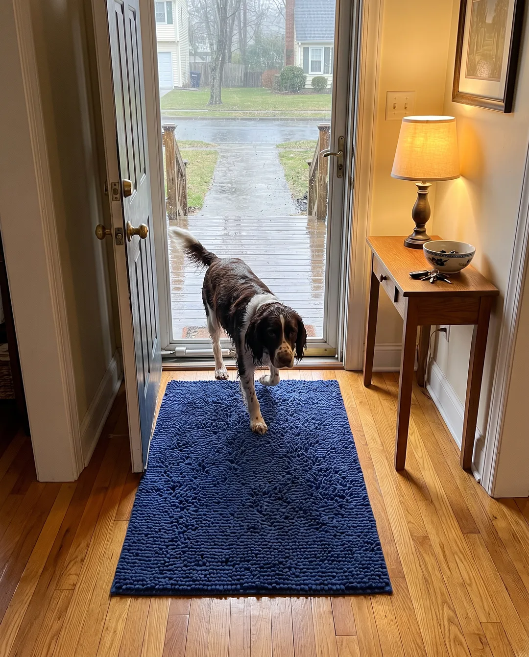 A wet spaniel mix steps in from a rainy porch onto a navy blue Muddy Mat at the front door, the hardwood floor beyond the mat clean and dry, a small console table and lamp in the hall