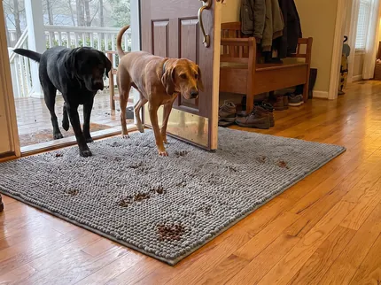 A black Labrador and a yellow Labrador step in through a back door onto a large grey Muddy Mat, muddy paw marks on the mat and the wood floor beyond it clean